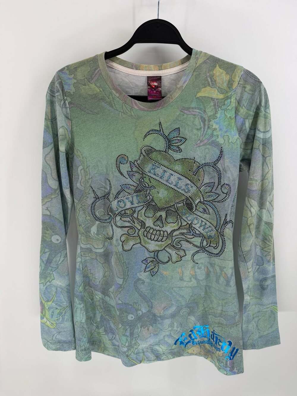 Ed Hardy by Christian Audigier Vintage Y2K Love Kills Slowly Rhinestone Top M